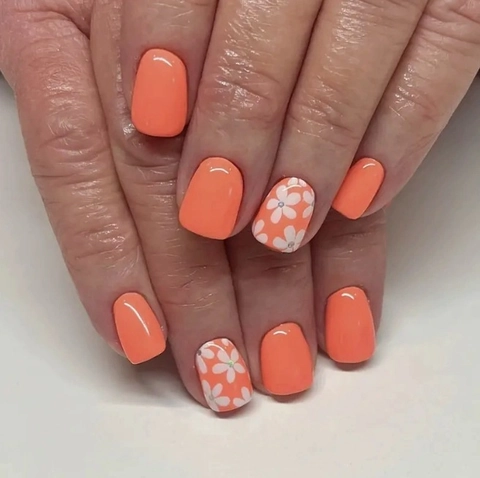 Glossy Peach Orange Short Square Press On Nails With White Floral Patterns And Elegant Silver Accents For Women Beauty
