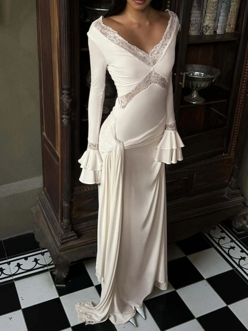 Elegante Maxi Jurk Met V Hals En Kant Patchwork Lange Ruches Mouwen En Tailleband Van Polyester Spandex Voor Dames