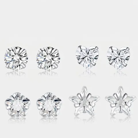 Geometric Stud Earrings Fine Silver Cubic Zirconia Hypoallergenic Minimalist Jewelry For Women Heart Star Shapes