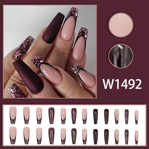 Long Coffin Press On Nails Matte Burgundy French Tip Glitter Shimmer False Nails For Women Girls