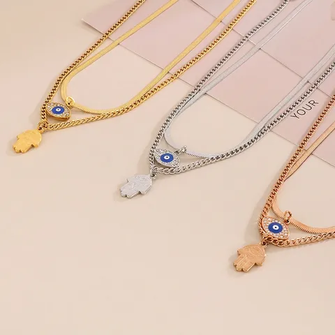Vintage Layered Evil Eye Hamsa Hand Pendant Necklace Titanium Steel Rhinestone Double Chain Choker Jewelry Gift For Women