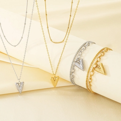Double Layer Herz Anhänger Halskette Und Armband Set Edelstahl 18K Vergoldet Strukturierte 3D Liebe Form Schmuck
