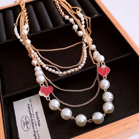 Multi Layer Necklace Alloy Iron Rhinestone Faux Artificial Pearl With Red Heart Pendants Vintage Gold Tone Elegant Women Jewelry
