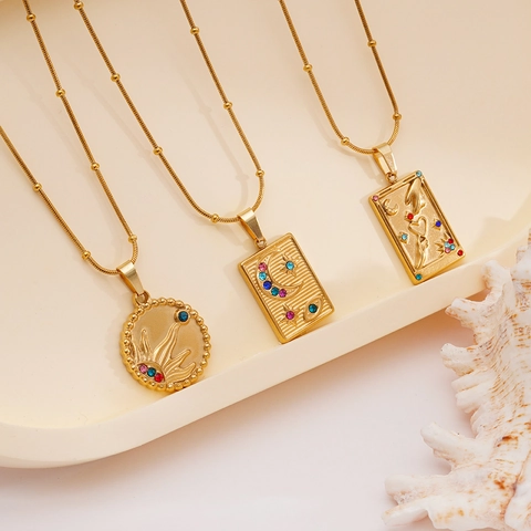 Collana Con Pendente Carta Dei Tarocchi Acciaio Inossidabile Sole Luna Stella Placcato Oro Strass Colorati Gioielli Moda