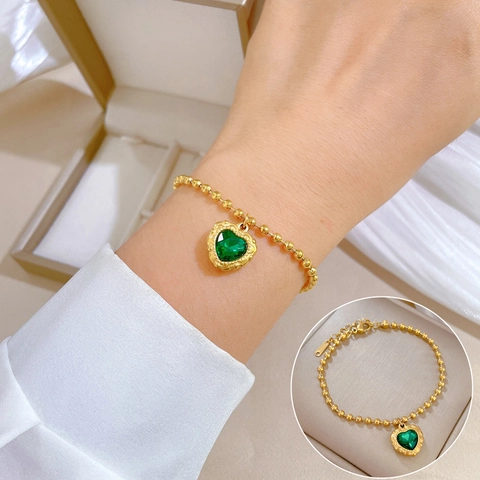 Heart Green Gemstone Bracelet Stainless Steel Gold Color Bead Chain Retro Style Jewelry Gift For Women