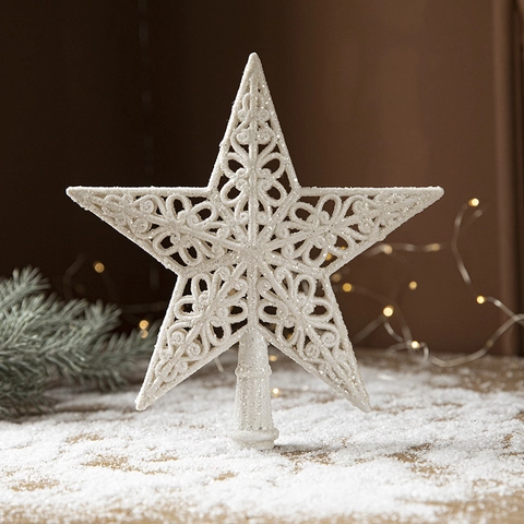 White Christmas Tree Topper Star Glitter Hollow Plastic Holiday Decoration Ornaments Shimmering Treetop Decor