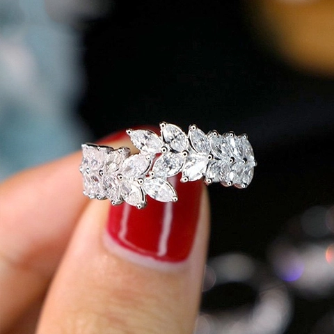Marquise Cut Zircon Ring For Women Copper Gold Plated Leaf Wheat Ear Vine Staggered Design Niche Style