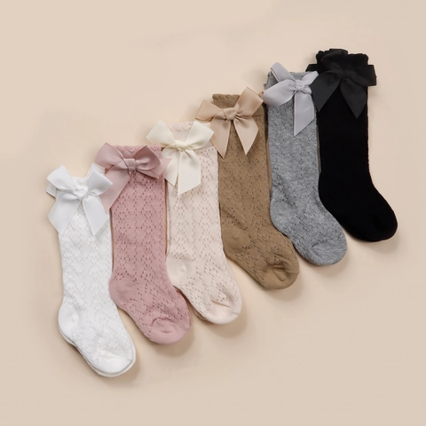 Baby Headband And Socks Bowknot Nylon Jacquard Cotton Knitted Hollow Breathable Princess Accessories Infant Toddler