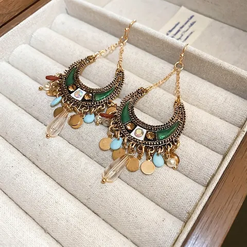 Bohemian Ethnic Crescent Moon Drop Earrings Alloy Enamel Multi Color Resin Beads Tassel Sequin Vintage Jewelry Women
