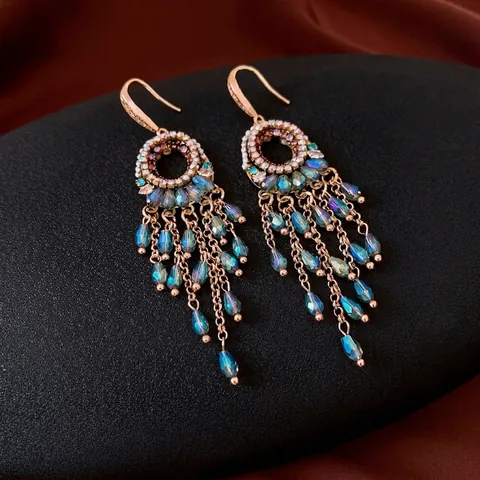 Orecchini Pendenti Bohemien Cristallo Zircone Nappina 925 Sterling Silver Earring Post Donne Retro Etnico Gioielli