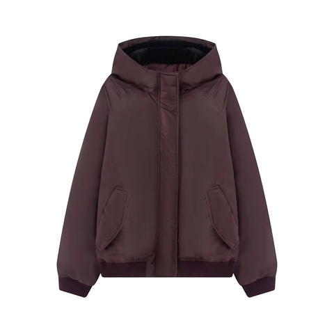 Women Hooded Bomber Jacket Polyester With Sherpa Fleece Lined Oversized Loose Fit Windproof Pocket Casual Streetwear