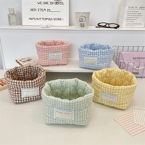 Heart Quilted Plaid Gingham Fabric Storage Basket Cotton Desktop Organizer Bin For Cosmetics Stationery Sundries Soft Ins Style