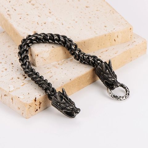 Heren 304 Roestvrij Staal Dubbele Drakenkop Armband Vintage Punk Zwarte Ketting Ring Gesp Sieraden Accessoire