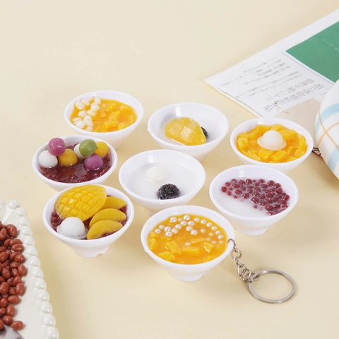 Miniature Dessert Bowl Food Model Realistic PVC Resin Mango Sago Red Bean Taro Ball Ornament Keychain Bag Pendant Novelty Decor
