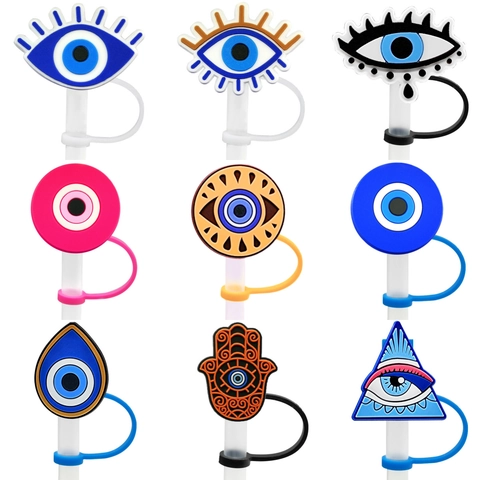 Evil Eye Straw Cover Silicone Dust-proof Reusable Straw Topper For Tumbler Cups Hamsa Hand Design Lucky Eye Protector