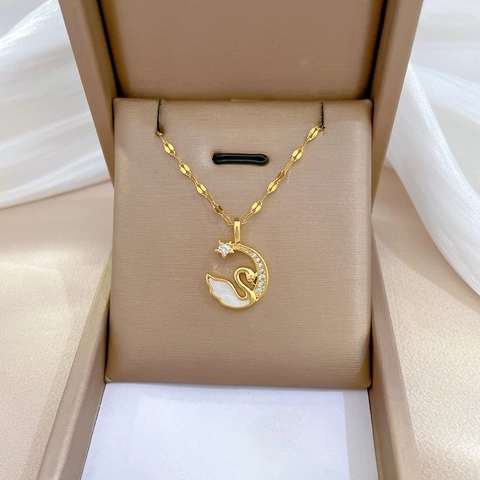 Swan Moon Pendant Necklace Gold Titanium Steel Copper Shell Zirconia Star Elegant Jewelry Gift For Women Girls