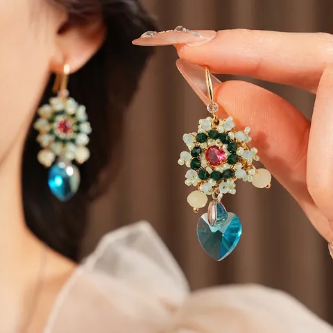 Vintage Ethnische Perlen Blumen Ohrhänger Mit Herz Glas Kristall Anhänger Und Stahlhaken Für Damen