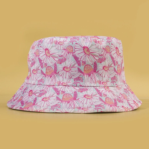 Bucket Hat Polyester Daisy Print Reversible Sun Protection Summer Floral Outdoor Travel Flat Top Cap For Women
