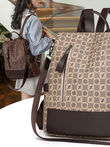 Zaino Moda Donna Stampa Monogramma Vintage Pelle PU Grande Capacità Antifurto Viaggio Pendolare Casual Versatile
