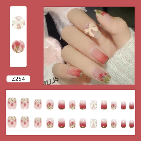 Press On Nails Pink Gradient Green Tulip Floral Pattern 3D White Bow Short Square Artificial False Nails For Women