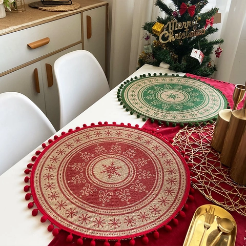 Sets De Table De Noël Ronds En Toile De Jute Avec Bordure À Pompons Imprimé Renne Flocon De Neige Tapis Tissés Vintage
