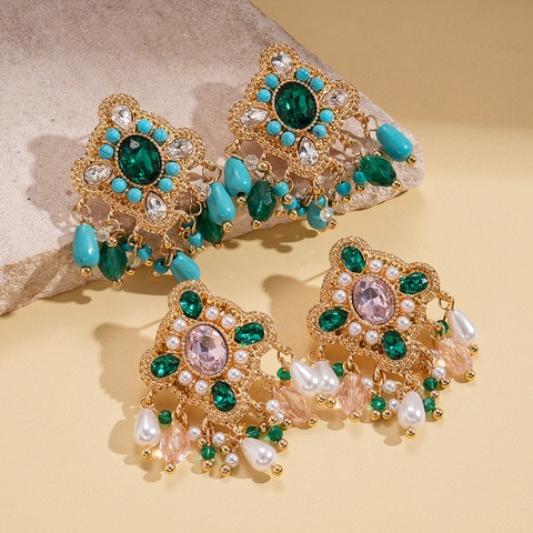 Orecchini Pendenti Vintage Lega Rhinestone Cristallo Nappa Goccia Acqua Stile Boho Donne Perno Argento