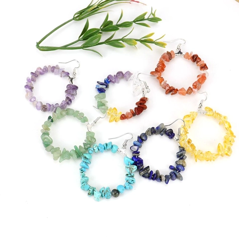 Natural Crystal Stone Chips Wire Wrapped Round Hoop Earrings Handmade Colorful Amethyst Turquoise Gemstone Dangle Earrings Women Bohemian Jewelry