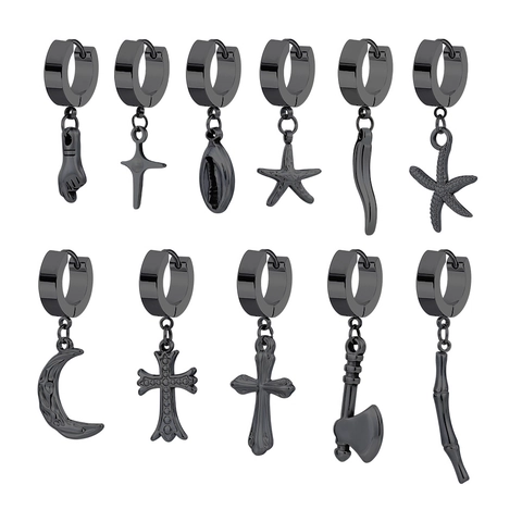 Orecchini A Cerchio In Acciaio Inossidabile Con Pendenti Croce Stella Marina Luna Ascia Punk Gothic Hip Hop Unisex