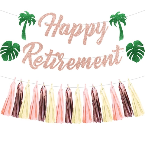 Happy Retirement Banner Roségold Glitzer Papier Palmen Monstera Blätter PVC Quasten Girlande Sommer Tropische Dekor