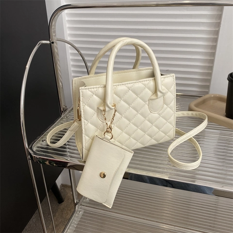 Quilted Diamond Lattice Shoulder Handbag PU Leather With Matching Coin Purse Elegant Daily Commute Simple Minimalist Women