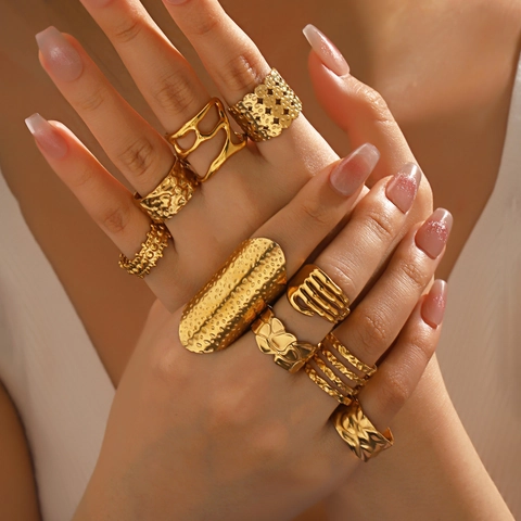 Geometric Open Ring Stainless Steel Retro Hammered Texture Wide Face Adjustable Jewelry For Women