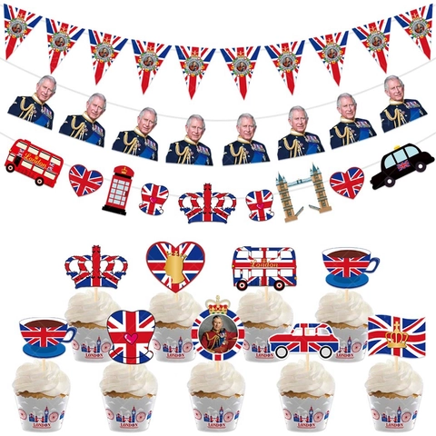 Decorazioni Per Feste Incoronazione Union Jack Britannica Bandierine Banner Cupcake Topper Tema Londra Carta Celebrazione