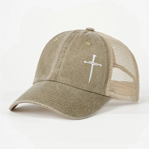 Cappello Trucker In Cotone Lavato Con Croce Di Chiodi Ricamata Rete Traspirante Retro Regolabile Outdoor