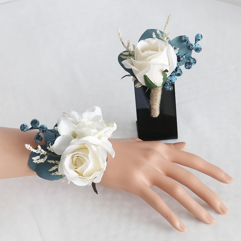 Artificial Satin Rose Boutonniere And Wrist Corsage For Wedding Party Handmade Flower Decor With Peacock Blue Berries Hemp Rope