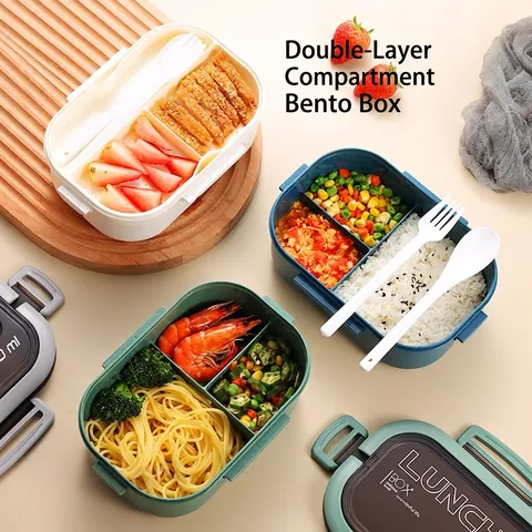Fiambrera Portátil de Doble Capa PP Silicona a Prueba de Fugas Apto para Microondas Bento Box Con Utensilios Para Oficina Escuela Adultos Contenedor de Comida