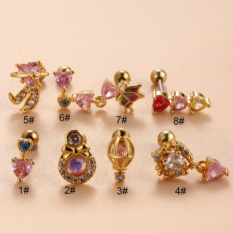 Pendientes De Cartílago De Oreja Corazón Mariposa Circón Colorido Acero Inoxidable Hélice Para Mujeres Joyería
