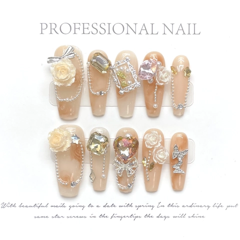 Uñas Postizas Hechas A Mano 3D Rosa Blanca Aleación Arco Metálico Diamantes De Imitación Perla Artificial Forma Ataúd Lujo Mujeres