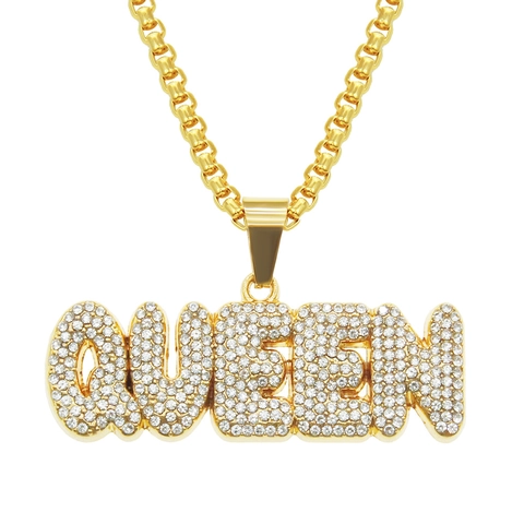 Collier Pendentif Lettre QUEEN Hip Hop Strass Iced Out Chaîne en Alliage Ton Or Argent Bijoux Streetwear Party Pour Homme
