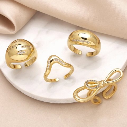 Schleife Welle Kuppel Geometrische Kupfer Vergoldete Ringe Mit Zirkonia Verstellbare Offene Band Mode Schmuck Frauen