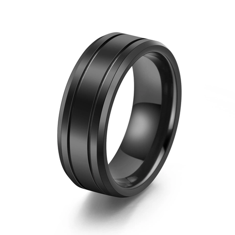 Men Tungsten Steel Ring Black Polished Simple Style Double Grooves Band Fashion Index Finger Jewelry