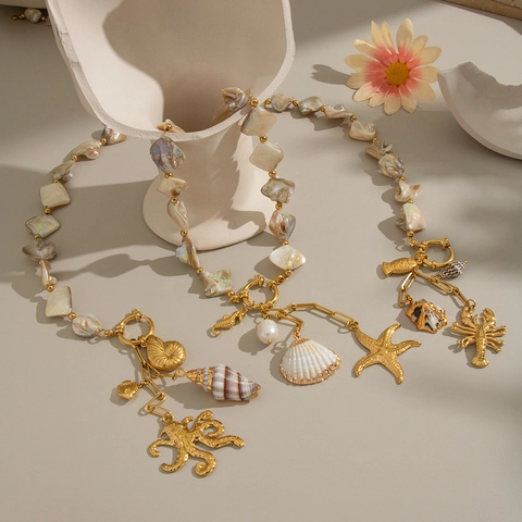 Collar Tema Océano Acero Inoxidable Concha Natural Perla Barroca Artificial Impermeable Colgantes Estrella De Mar Pulpo Joyas De Playa Para Mujeres