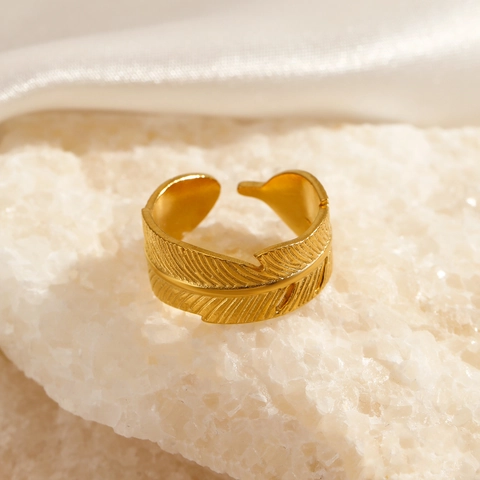 Feder Blatt Ring Edelstahl Verstellbar Offen Retro Boho Stil Gold Vergoldet Modeschmuck Für Damen