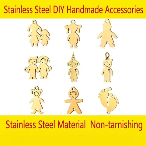 Pendentif Personnage de Famille en Acier Inoxydable pour Création de Bijoux DIY Dessin Animé Garçon Fille Bébé Empreintes Or Argent Plaqué Charms pour Collier Bracelet Accessoires Bijoux Femme Enfants
