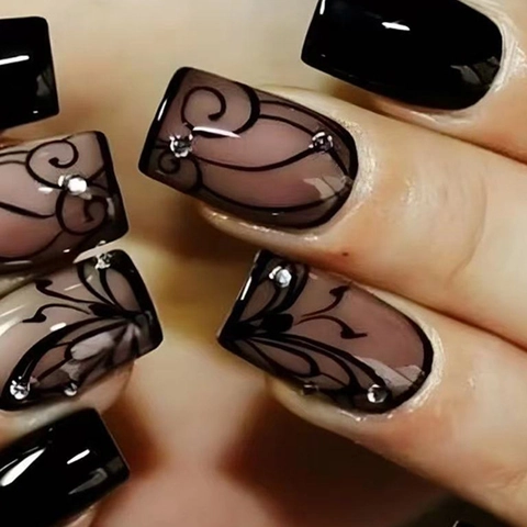 Glossy Black Square Round Press On Nails Vine Butterfly Rhinestones Gothic Vintage Fake Nail Tips Women Manicure Accessory