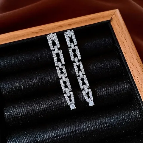 Geometric Square Chain Drop Earrings Copper With Zircon Inlaid 925 Sterling Silver Earring Post Luxury Fashion Women