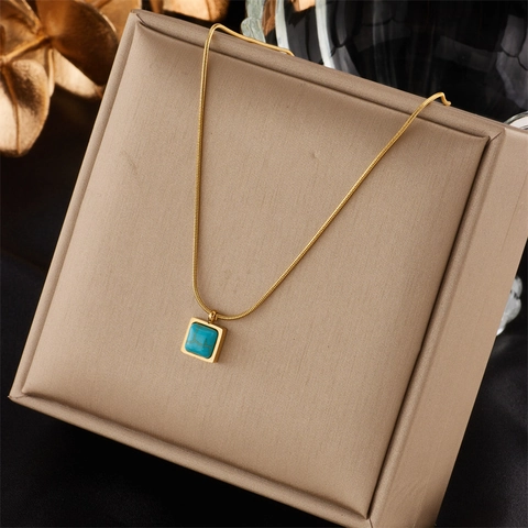 Retro Square Turquoise Pendant Necklace Gold Plated Stainless Steel Snake Chain Jewelry For Women