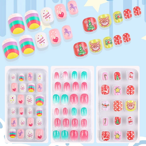 Kids Press On Nails Plastic Cartoon Christmas Unicorn Rainbow Patterns Artificial False Fingernails With Jelly Glue