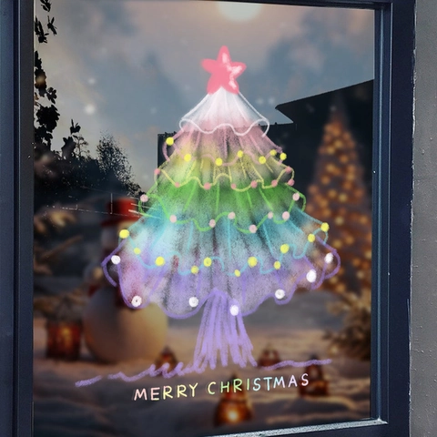 Weihnachtsbaum Fensteraufkleber Statisch Haftend PVC Regenbogen Doppelseitig UV Druck Merry Christmas Glasdekor