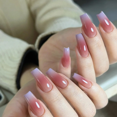 Coffin Shape Press On Nails Pink Purple Gradient Shimmer Glossy Artificial False Finger Nails For Women Elegant