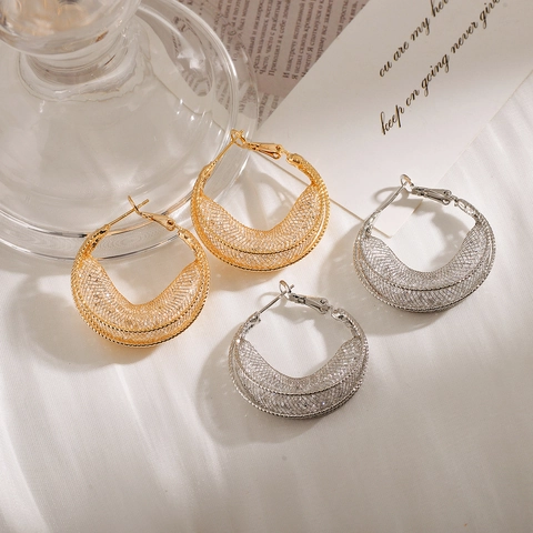Vintage Luxus Kupfer Hohl Gitter Ohrringe Für Damen Hong Kong Stil Geometrisch Gewebt Gold Silber Nischen Design Schmuck